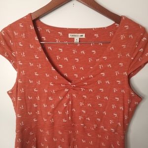 Toad & Co burnt orange short cap sleeve nature floral leaf print midi dress